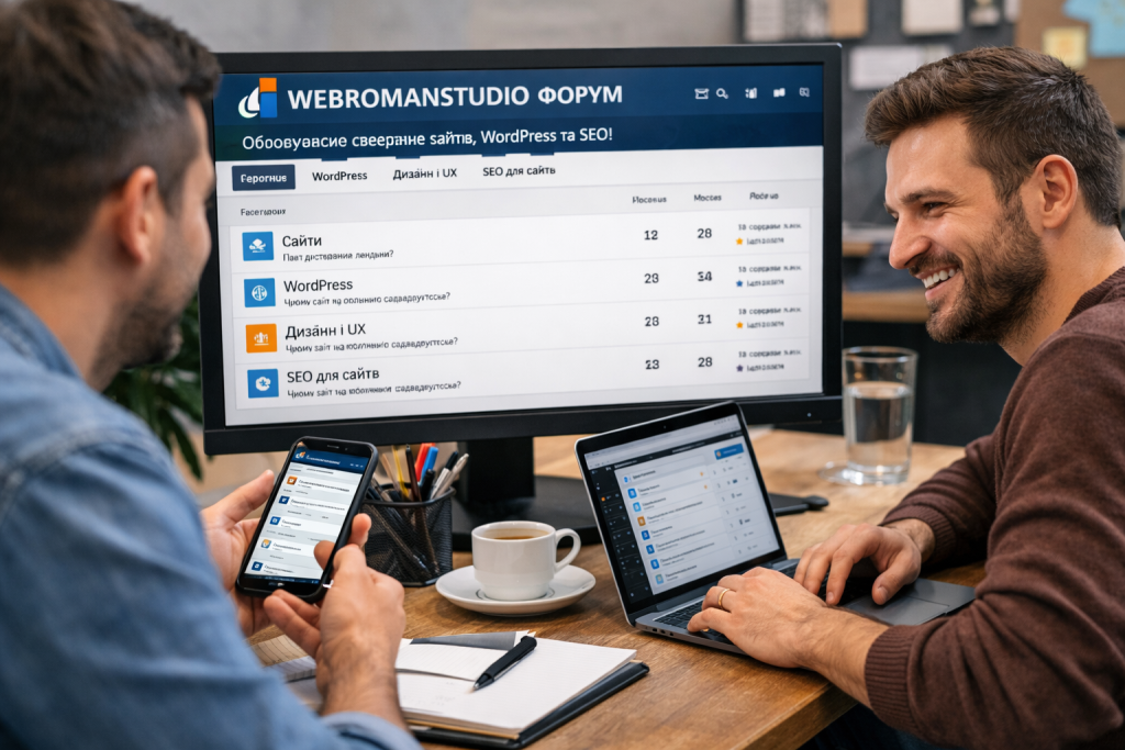 Чудова новина для наших відвідувачів! На сайті WEBROMANSTUDIO з’явився форум — новий простір для спілкування, обміну досвідом та отримання корисної інформації про сайти, WordPress, SEO та онлайн-просування. Форум створено для тих, хто хоче більше, ніж просто читати статті. Тепер ви можете ставити запитання, отримувати поради від спеціалістів та ділитися власним досвідом у сфері створення та розвитку сайтів. Що нового дає форум? Живе спілкування Задавайте питання щодо створення сайтів, налаштування WordPress, дизайну, SEO або реклами — і отримуйте відповіді. Допомога та підтримка Якщо у вас виникла проблема з сайтом, плагінами або швидкістю роботи — на форумі можна знайти рішення або отримати консультацію. Обмін досвідом Діліться власними кейсами, ідеями та результатами. Ваш досвід може бути корисним іншим. Актуальна інформація Форум постійно оновлюється новими темами, обговореннями та порадами від практиків. Для кого створений форум? Для власників бізнесу, які планують створити сайт Для тих, хто вже має сайт і хоче його покращити Для користувачів WordPress Для початківців і тих, хто розвивається у веб-сфері Для всіх, хто хоче отримувати більше клієнтів через інтернет Які теми можна обговорювати? Створення сайтів та вибір платформи WordPress і плагіни Дизайн та зручність сайту SEO-просування Швидкість та безпека Інтернет-магазини та онлайн-продажі Також ви можете створювати власні теми та отримувати відповіді від спільноти. Чому це важливо? Ми прагнемо зробити WEBROMANSTUDIO не просто сайтом послуг, а корисним центром знань і підтримки для бізнесу та всіх, хто працює онлайн. Форум — це можливість швидко отримати допомогу, знайти нові ідеї та розвивати свій проект ефективніше. Приєднуйтесь вже сьогодні Запрошуємо вас відвідати форум, поставити своє перше запитання або долучитися до обговорення. Разом ми створимо активну спільноту, де кожен зможе знайти відповіді та нові можливості для розвитку. WEBROMANSTUDIO — тепер ще більше користі, підтримки та можливостей для вашого онлайн-бізнесу.